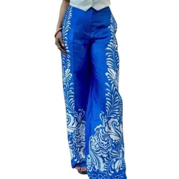 Zara women’s NWOT satin effect printed wide leg high waisted blue pants as/L - Picture 2 of 9
